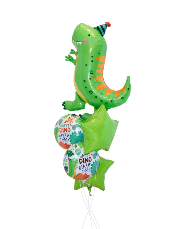 Dino Birthday Elite Size Has large dino balloon 2 dino round balloons and 2 green star balloons