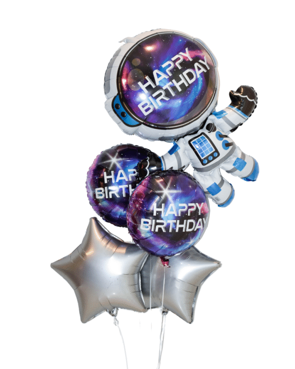 Blast Off to Space Balloon Arrangement Elite Elegance Size with Astronaut balloon, 2 round space themed birthday balloons, and 2 silver star balloons.