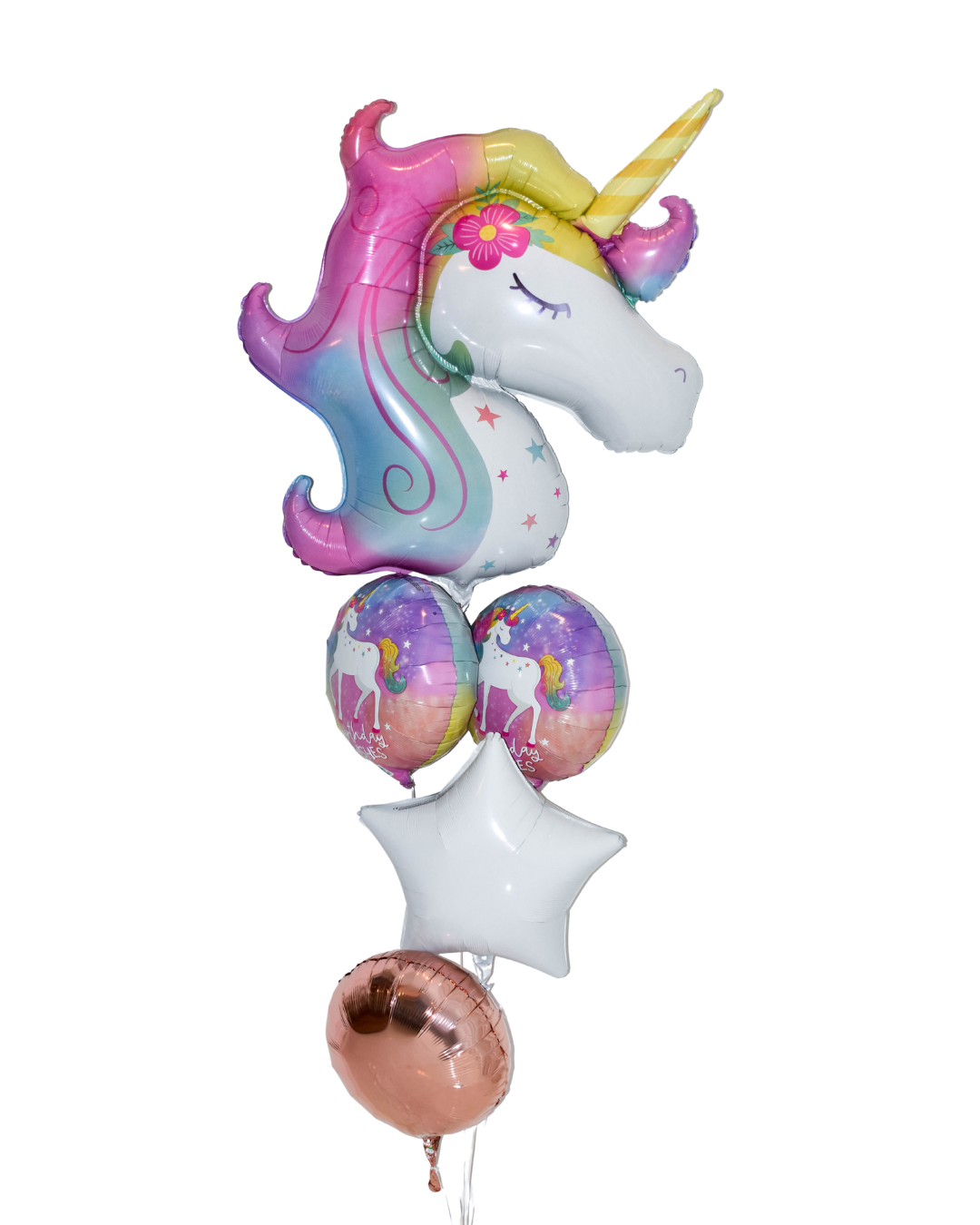 Whimsical Unicorn Arrangement Elite Elegance 2 happy birthday round unicorn balloons, 1 rose gold balloon, one white star balloon, and one large unicorn head.