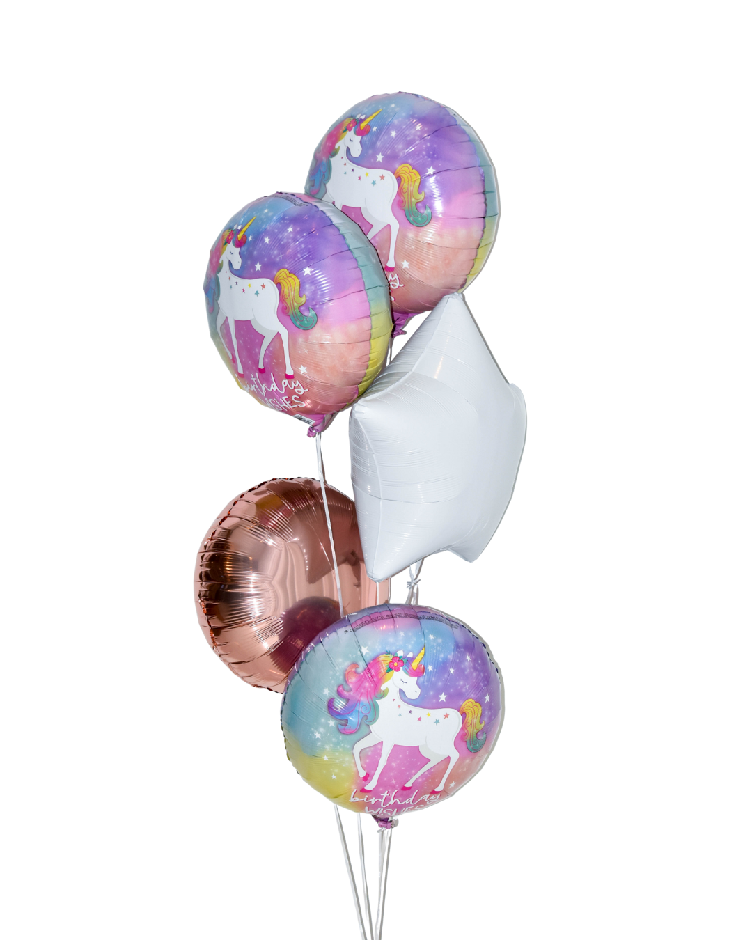 Whimsical Unicorn Arrangement Petite Charm 3 happy birthday round unicorn balloons, 1 rose gold balloon, one white star balloon.