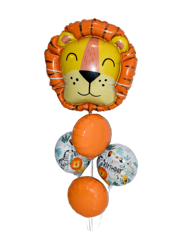Jungle Safari Balloon arrangement Grand Size 2 jungle themed balloons and 2 round orange balloons with a large lion balloon.