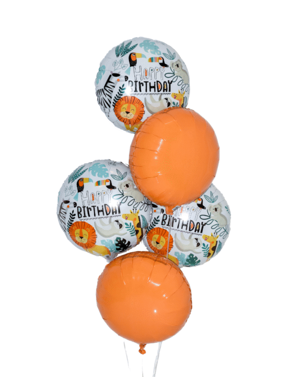 Jungle petite size balloon arrangement, two orange round balloons and 3 jungle themed birthday balloons.