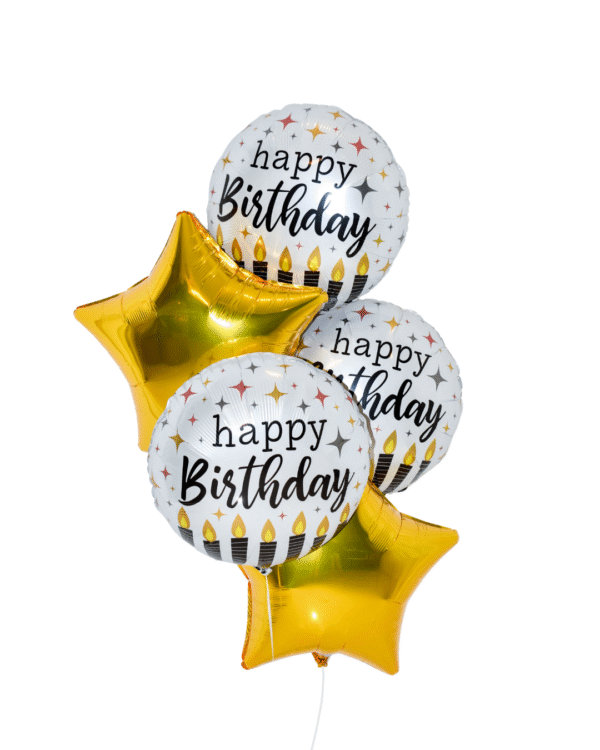 Golden Glam Cake Balloon Arrangement Petite with 3 round happy birthday balloons with 2 gold stars.