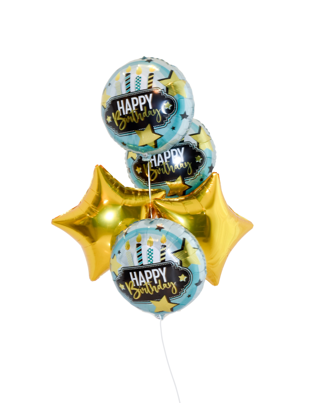 Teal and Gold Birthday Cake Petite Charm arrangement with 3 round Happy Birthday balloons that have a cake on them and 2 gold star balloons.