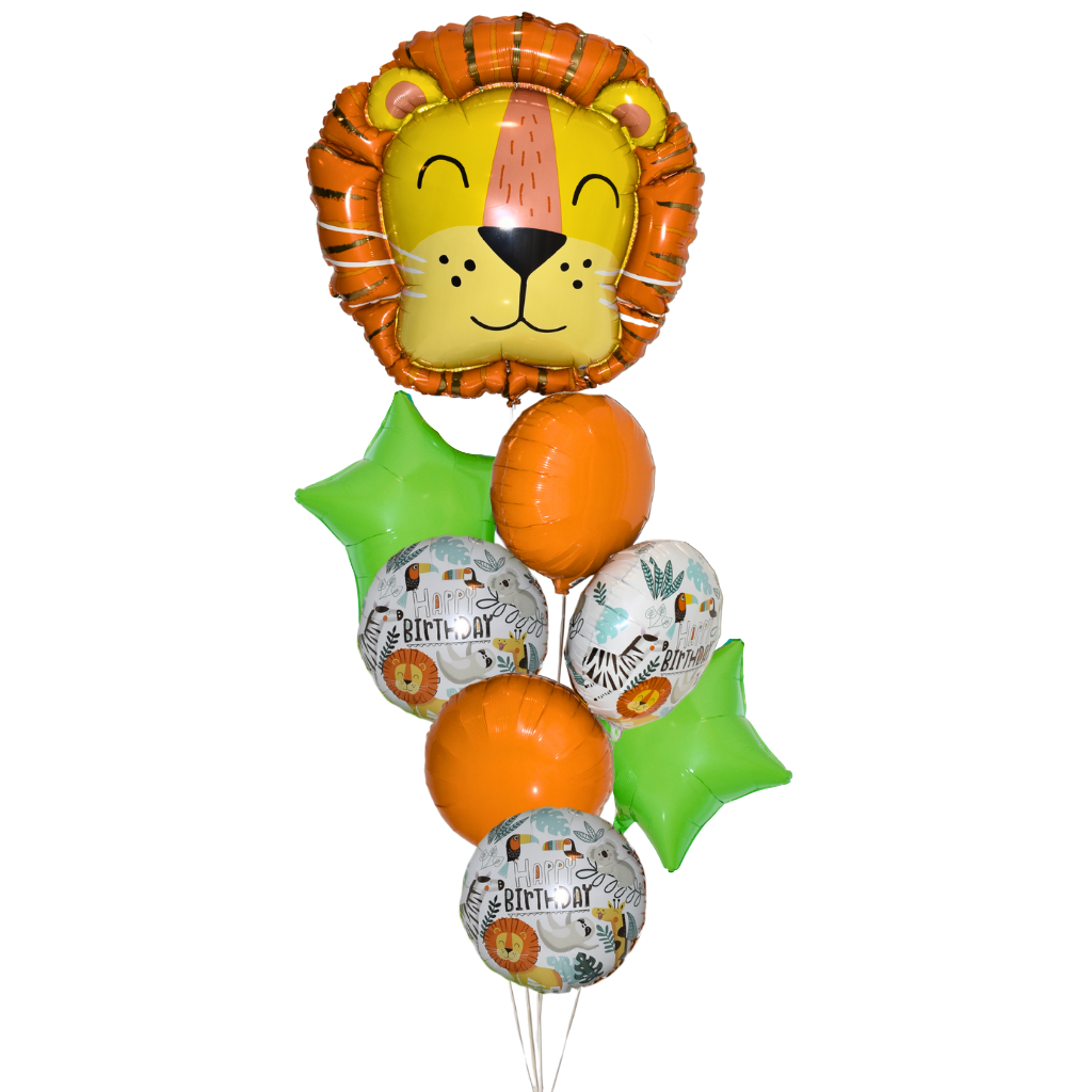 Jungle Safari Balloon Arrangement Grand Splendor Size has 2 green stars, two orange round, and 3 safari birthday themed balloons.