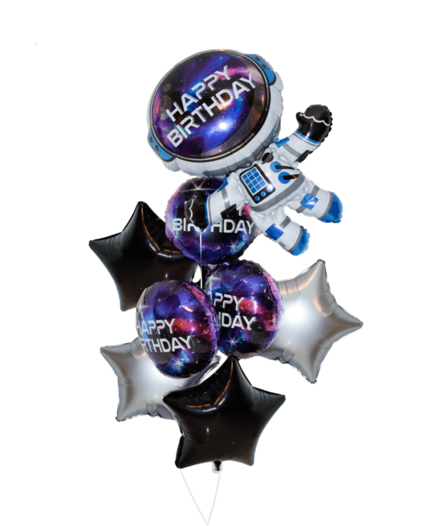 Blast Off to Space Astronaut Balloon Arrangement Grand Splendor Size with Astronaut balloon, 2 round space themed birthday balloons, and 2 silver and 2 black star balloons.