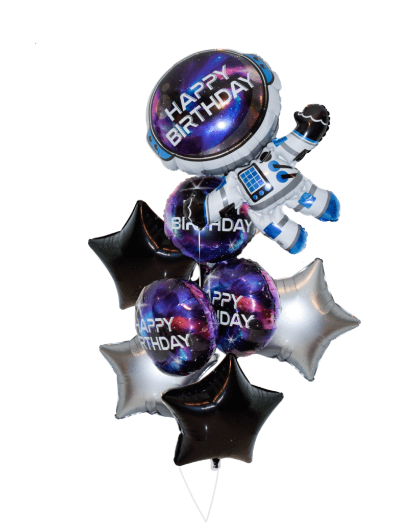 Blast Off to Space Astronaut Balloon Arrangement Grand Splendor Size with Astronaut balloon, 2 round space themed birthday balloons, and 2 silver and 2 black star balloons.