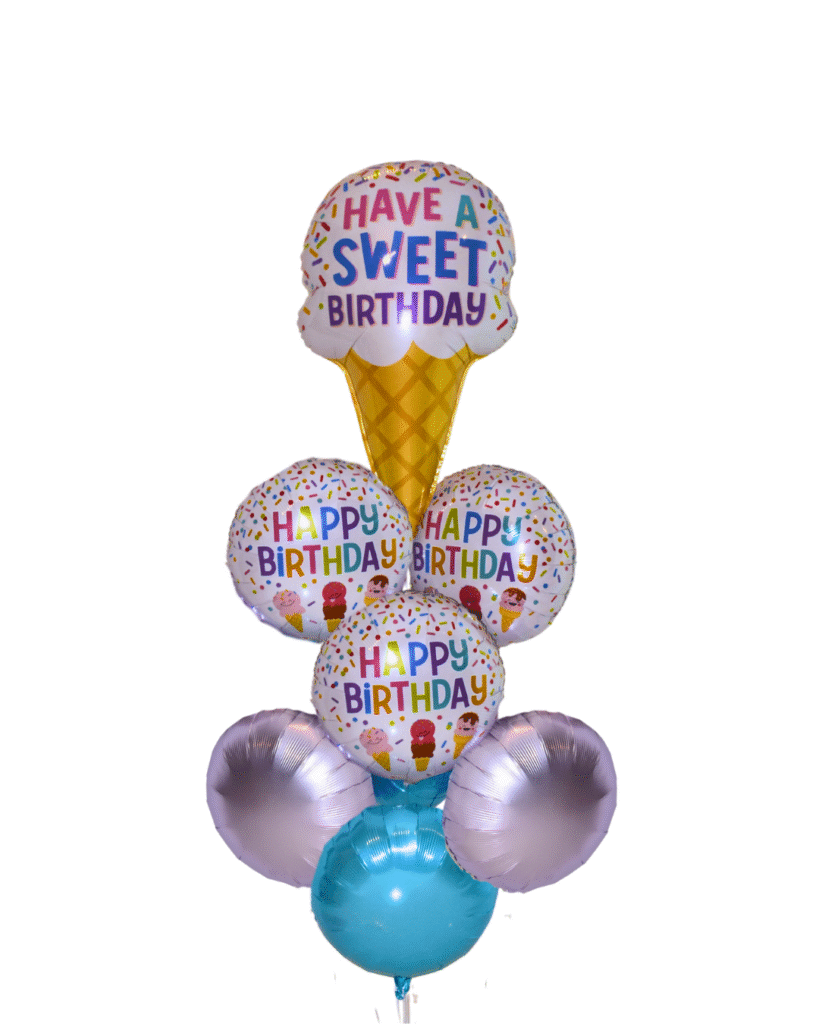 Grand Ice Cream Balloon Arrangement has ice cream balloon and 3 round happy birthday balloons with 2 purple and 2 blue round balloons