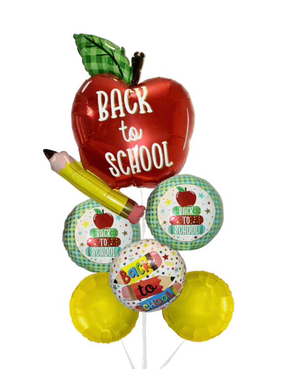 Large apple back to school balloons and 3 round 18 inch back to school balloons with 2 round yellow balloons