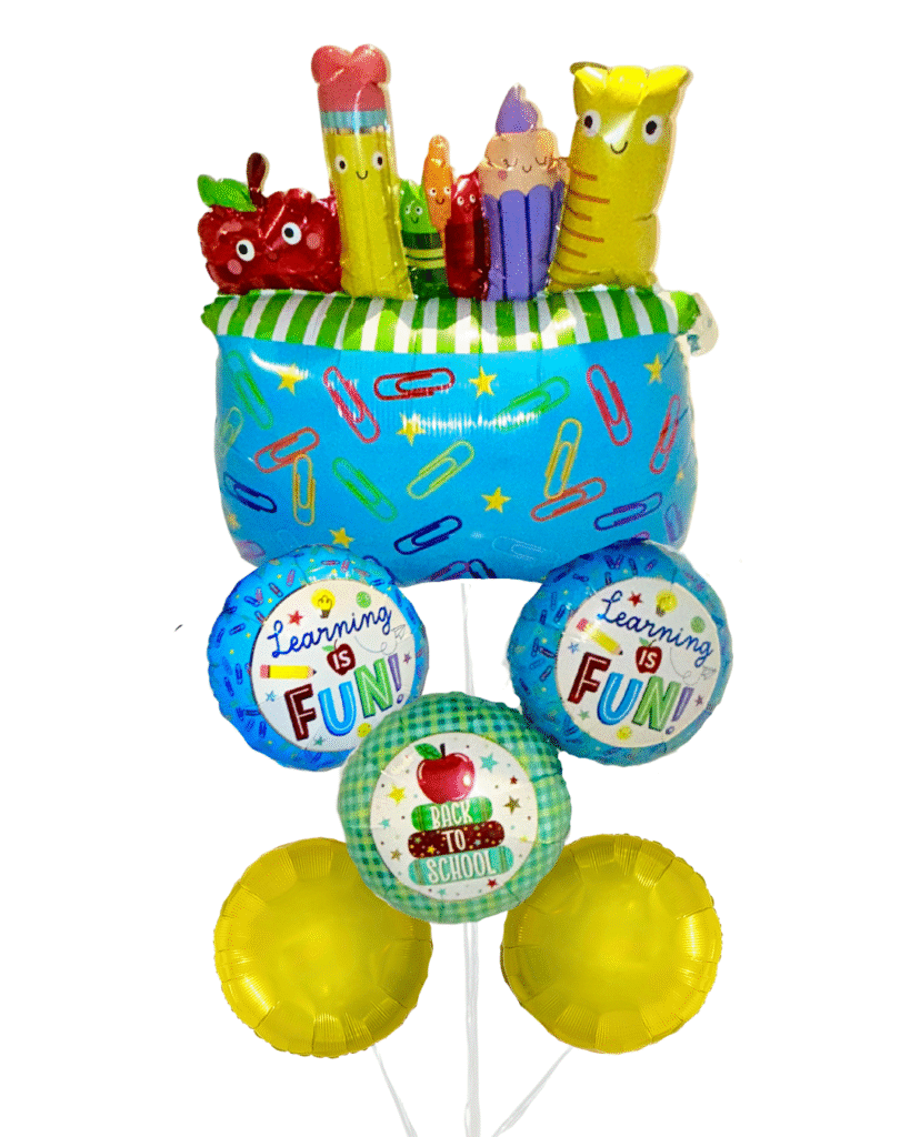 Large supplies balloon with 3 back to school balloons and 2 round yellow balloons
