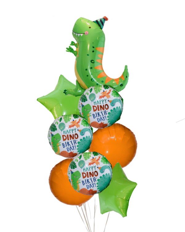 Dino Birthday Grand Size with 3 dino balloons round 2 orange round and 2 star green balloons with central trex balloon