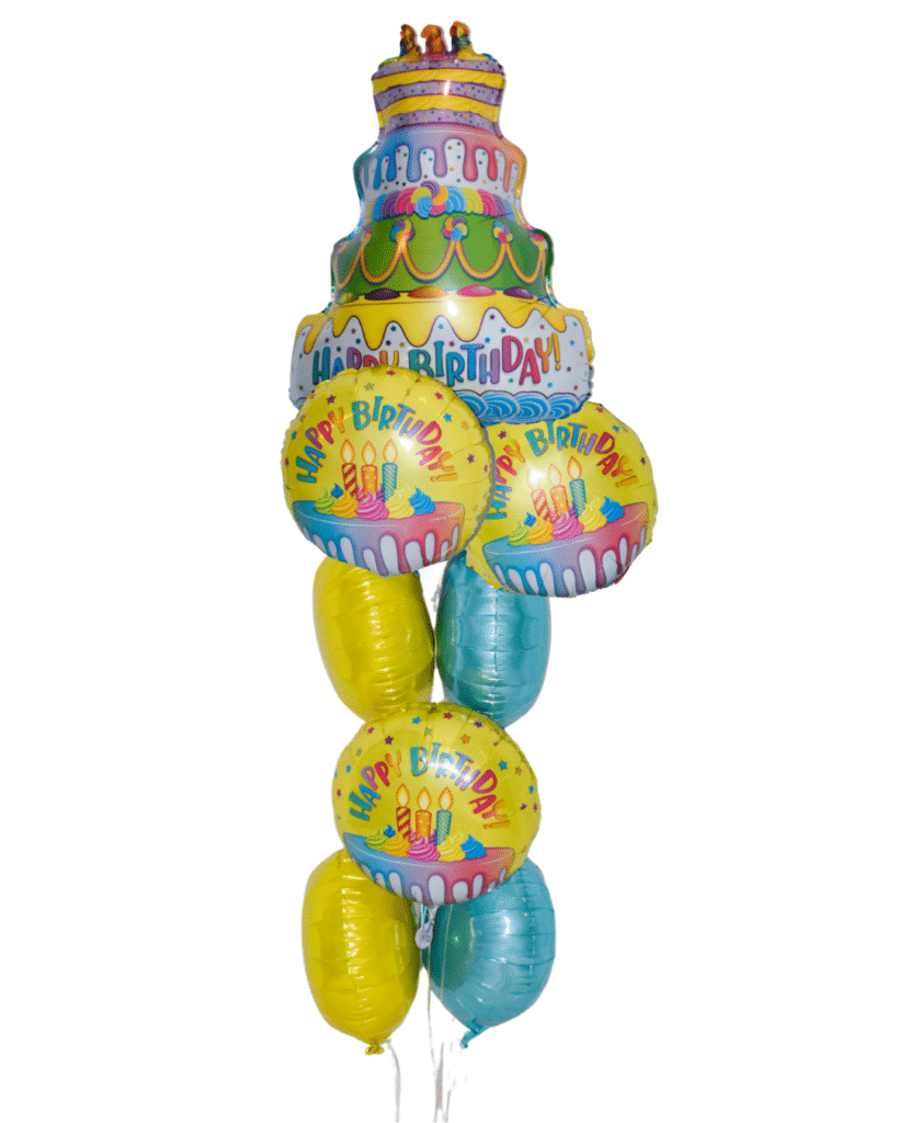 Colorful Cake Balloon arrangement Grand Size large central colorful cake balloon and 3 happy birthday balloons 2 yellow round and 2 blue round balloons.