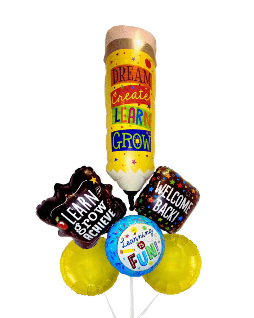 Pencil balloon large with 2 back to school balloons and one round back to school balloon and 2 more yellow balloons round