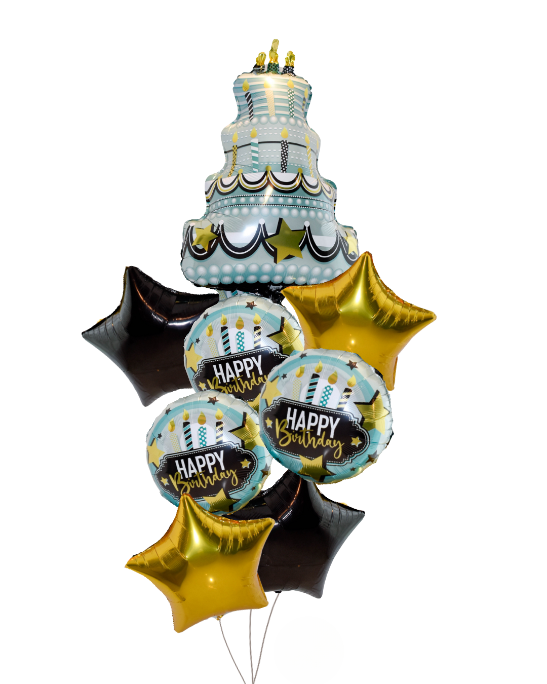 Teal and Gold Birthday Cake Grand Splendor arrangement with a large cake balloon, 3 round Happy Birthday balloons that have a cake on them and 2 gold star balloons and 2 black star balloons