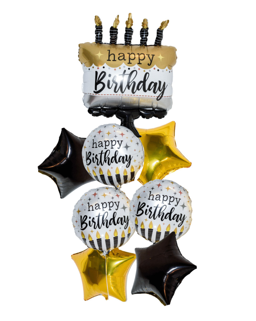 Golden Glam Balloon Arrangement Grand SIze has birthday cake large balloon and 3 round happy birthday balloons matching the cake colors gold white black, and 2 black stars and 2 golden star balloons
