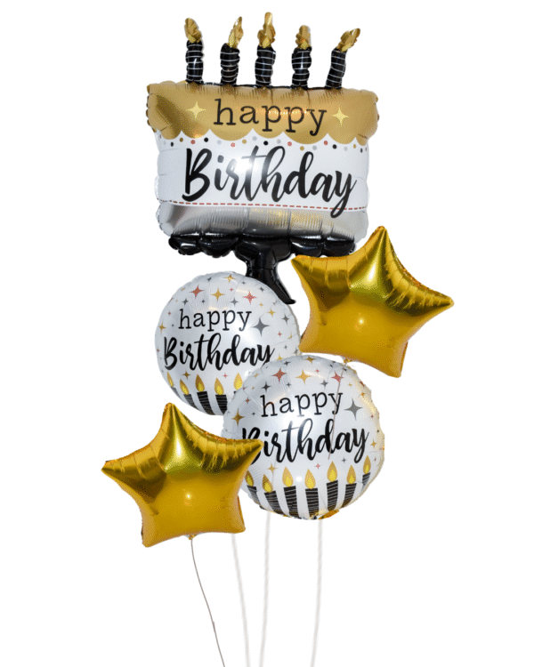 Golden Glam Elite large cake balloon, 2 golden stars, and 2 round happy birthday balloons.