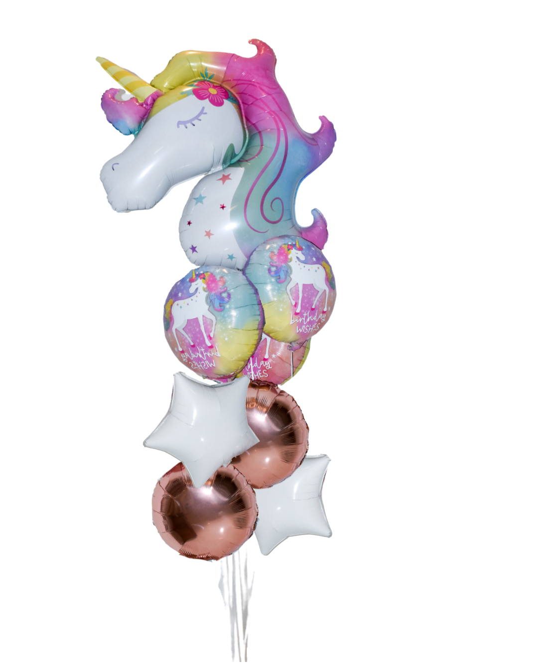 Whimsical Unicorn Arrangement Elite Elegance 2 happy birthday round unicorn balloons, 1 rose gold balloon, one white star balloon, and one large unicorn head.