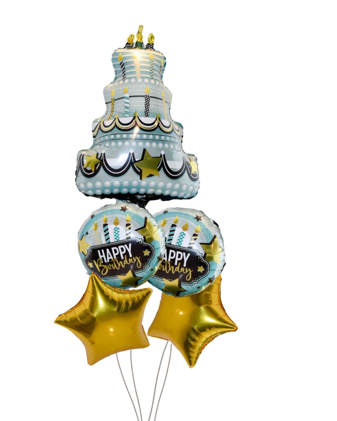 Teal and Gold Birthday Cake Grand Splendor arrangement with a large cake balloon, 2 round Happy Birthday balloons that have a cake on them and 2 gold star balloons