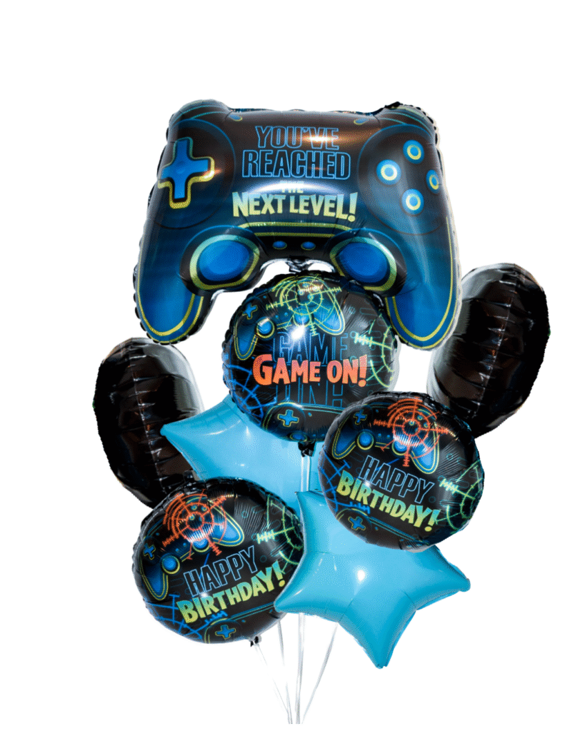 Video Game Remote Control Grand Splendor large remote, 3 balloons with game on and happy birthday gamer remote control themed and 2 blue star balloons with 2 round black balloons.