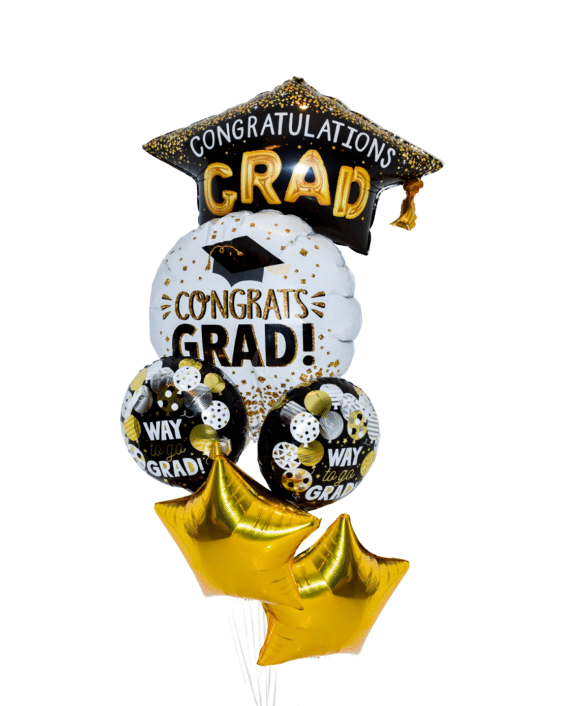 Graduation celebration large balloon arrangement with 2 stars 2 round black grad balloons and 1 large graduation hat and one large round congrats grad balloon