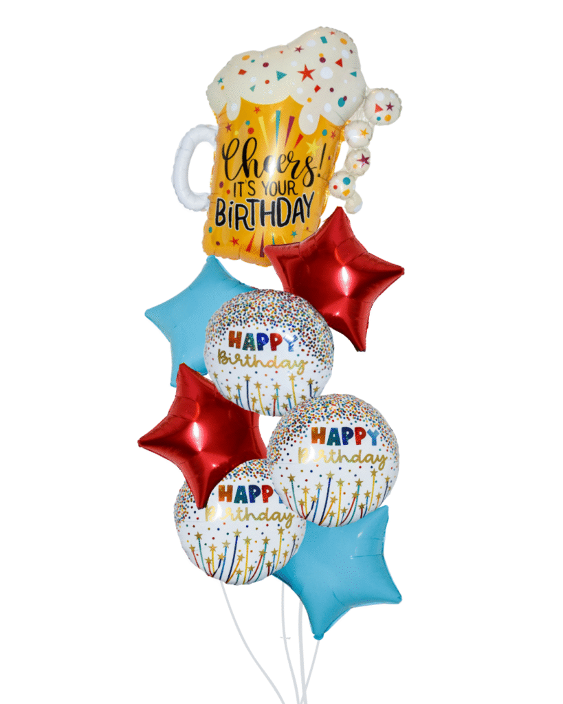 Cheers Birthday Balloon Arrangement Large beer with Cheers it's your Birthday on it and 3 round Happy Bday balloons and 4 star balloons