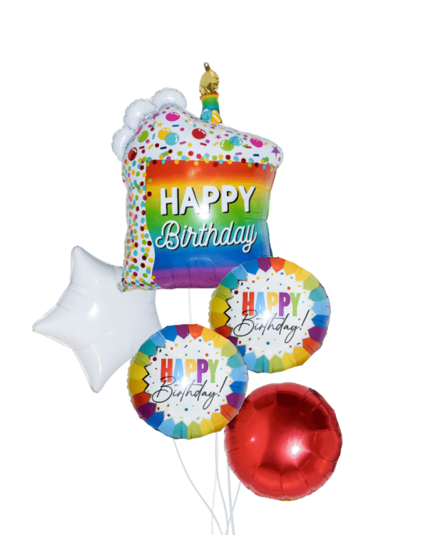 Colorful Birthday Cake Balloon Arrangement Medium Large cake balloon colorful and happy birthday round balloons and red round balloon and white star