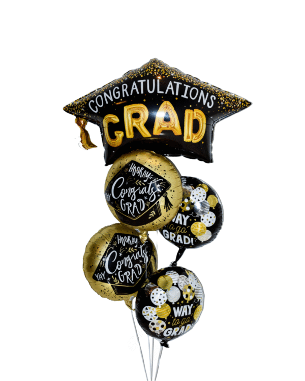 Graduation celebration medium balloon arrangement with 2 round gold balloons, 2 round black grad balloons and 1 large graduation hat
