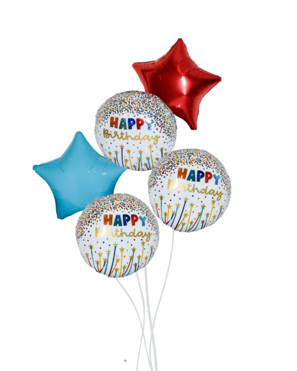 Cheers Birthday Balloon Arrangement Small with 3 round balloons that say Happy Bday balloons and 2 star balloons
