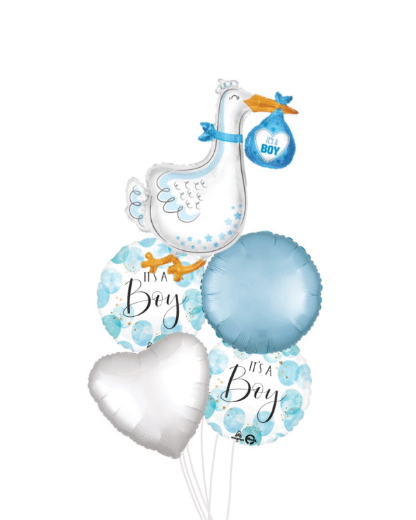 Baby boy stork medium baby boy balloons and 1 round blue 1 heart white balloon
