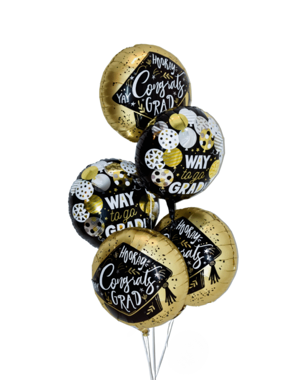 Ultimate Graduation Celebration small with 3 gold round congrats grad balloons and 2 round black grad balloons.