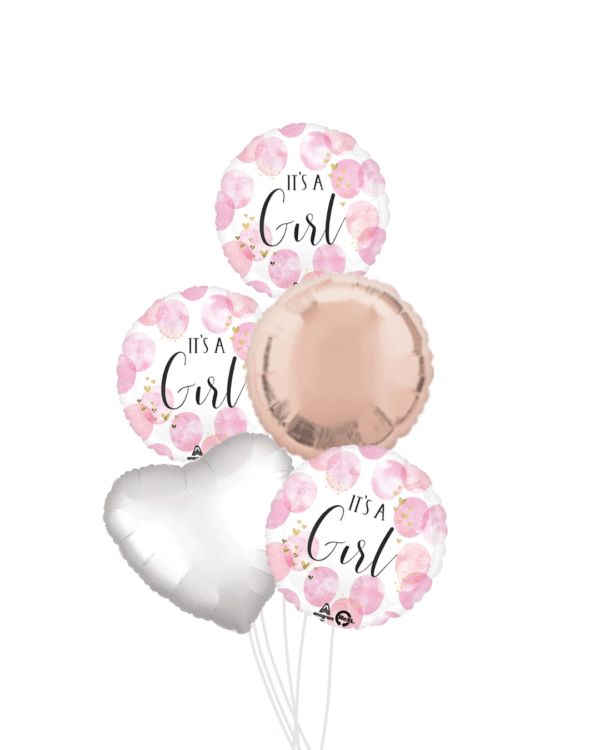 Baby girl round balloons, pink 1 round, 1 heart white balloon