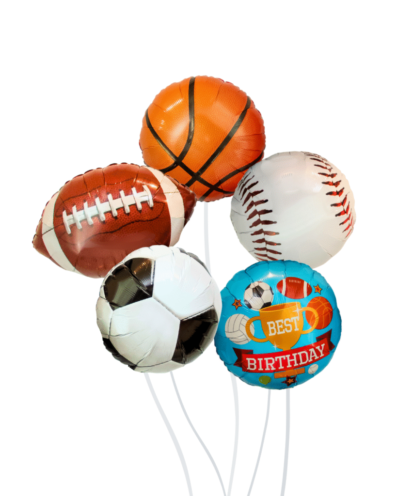 All sports balls balloon arrangement, soccer, basketball, football, baseball.