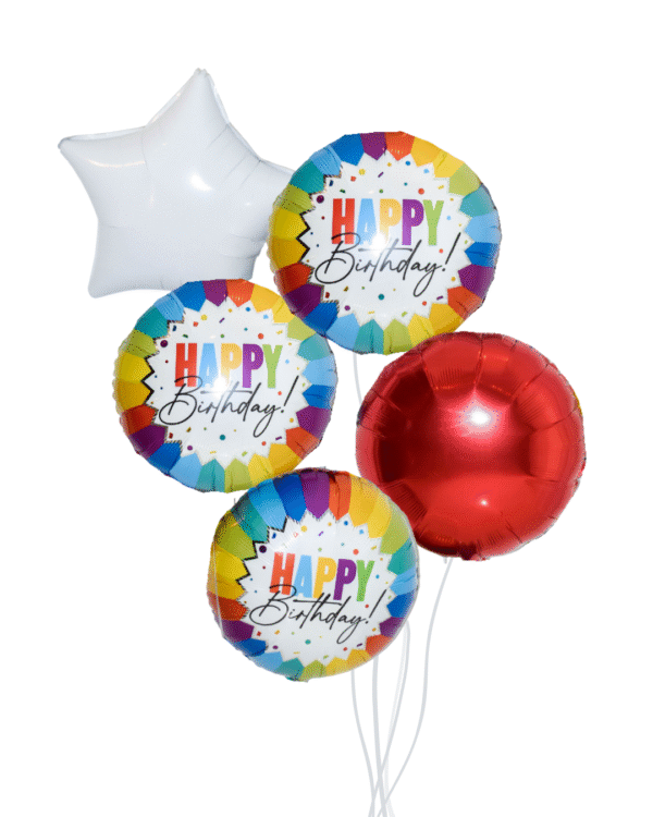 Colorful Birthday Cake Balloon Arrangement Small with 3 happy birthday colorful balloons and 1 star and one red round balloon