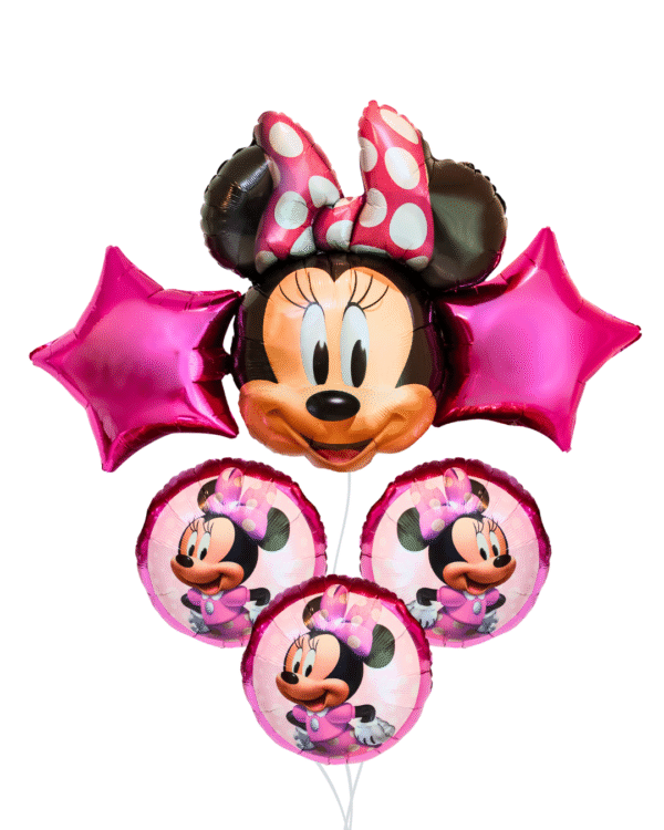 Mouse girl character balloon arrangement with 2 pink stars 1 big mouse with bow and 3 girl mouse pink round balloons
