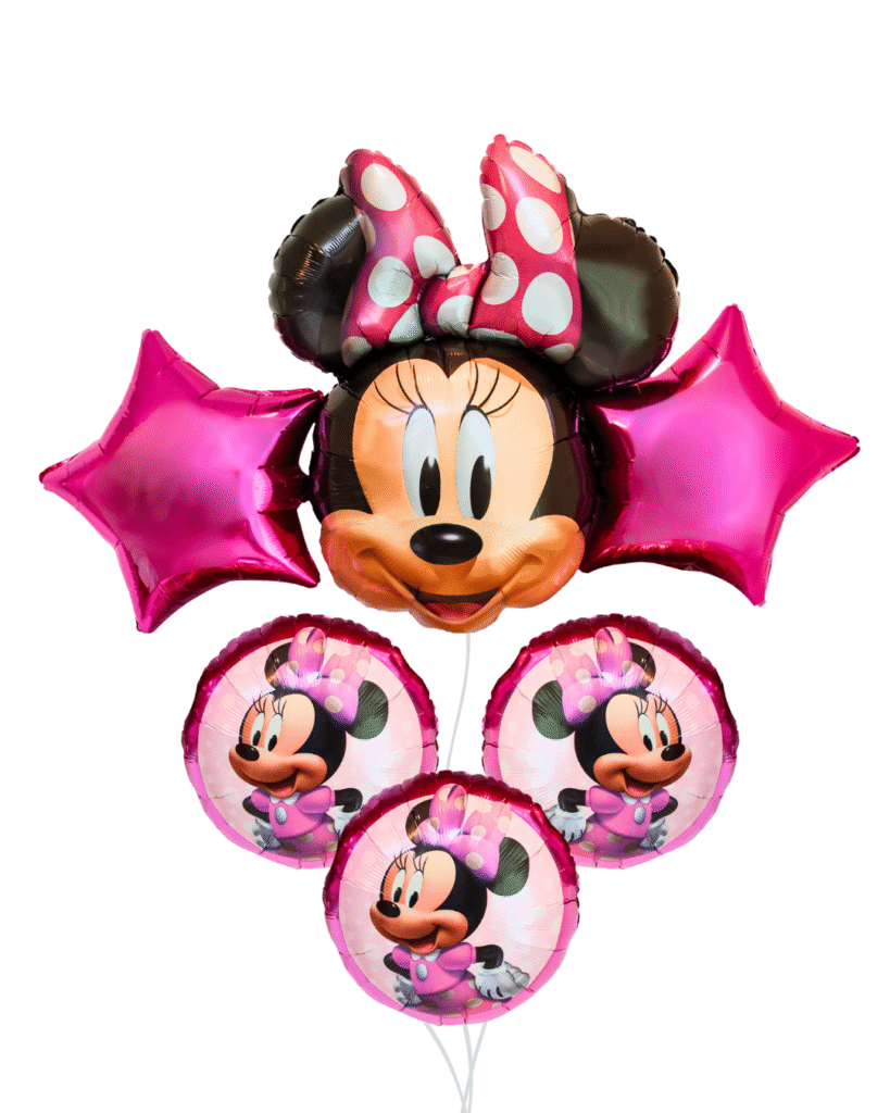 Mouse girl character balloon arrangement with 2 pink stars 1 big mouse with bow and 3 girl mouse pink round balloons