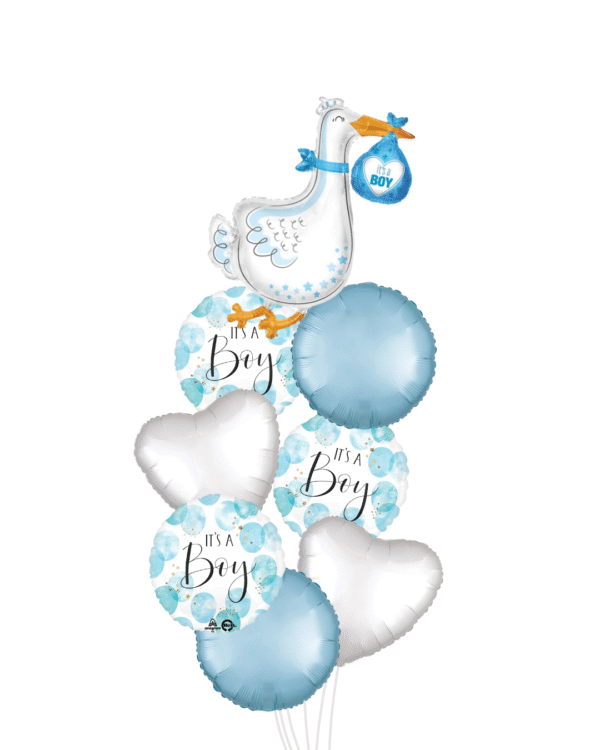 Baby boy stork large baby boy balloons and 1 round blue 1 heart white balloon