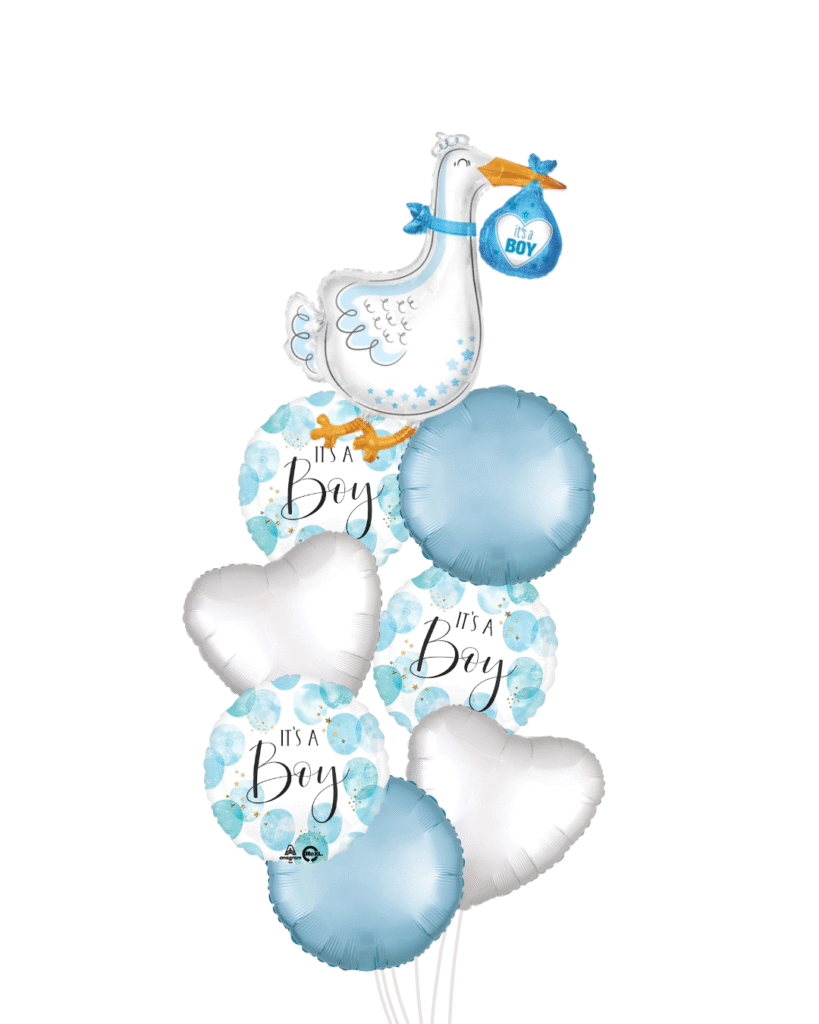 Baby boy stork large baby boy balloons and 1 round blue 1 heart white balloon