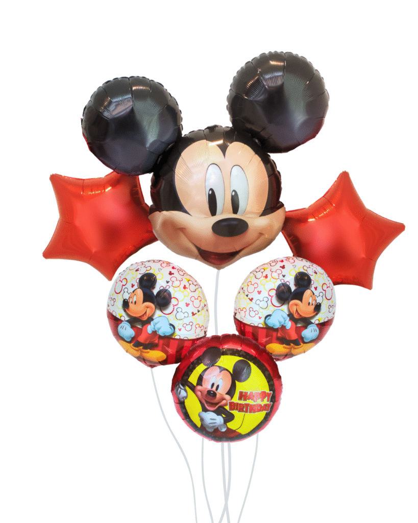 Character mouse birthday balloon set with big ears and red star balloons