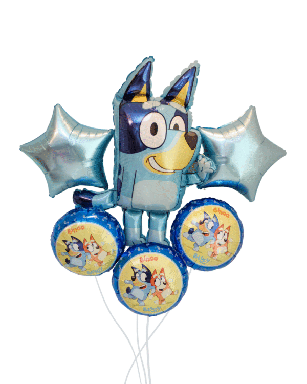 Blue pup character cartoon dog balloon large and 2 blue star balloons and 3 round sibling pup balloons