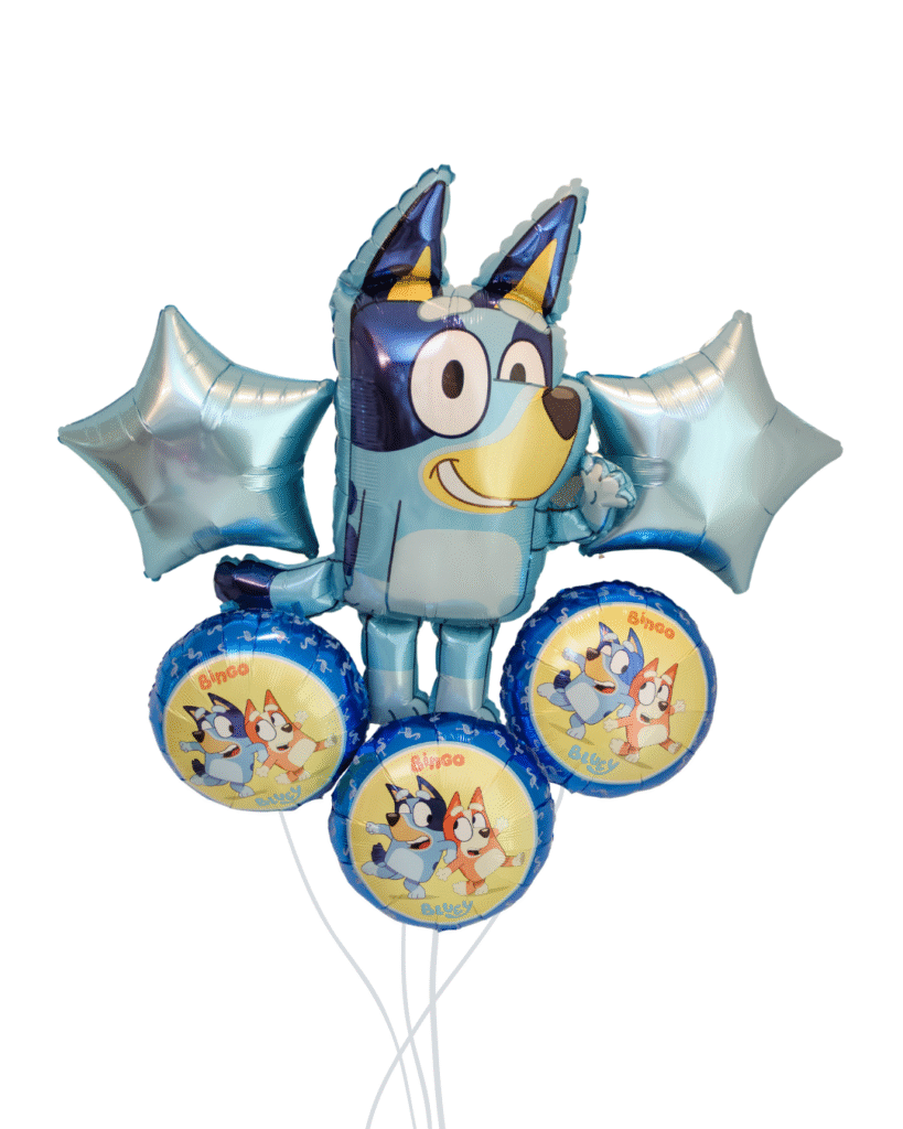 Blue pup character cartoon dog balloon large and 2 blue star balloons and 3 round sibling pup balloons