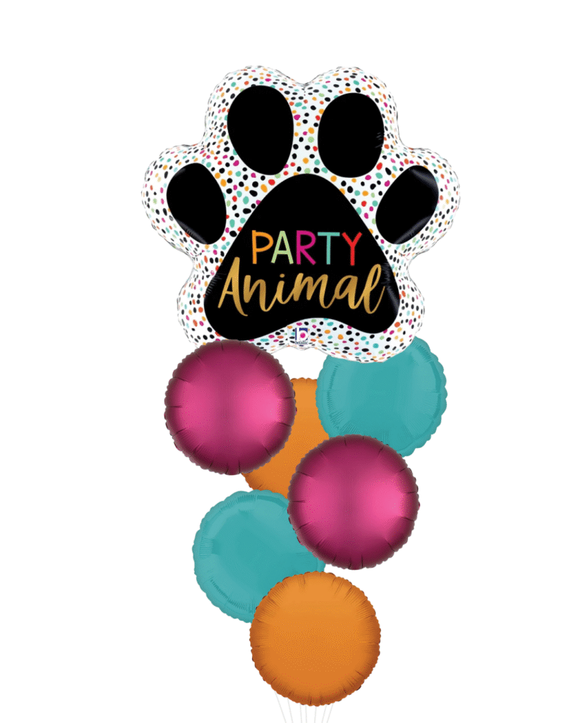 Paw party animal balloon and 6 round pink, teal, and orange balloons