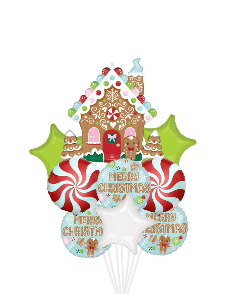 Gingerbread house with peppermint balloon arrangement. large