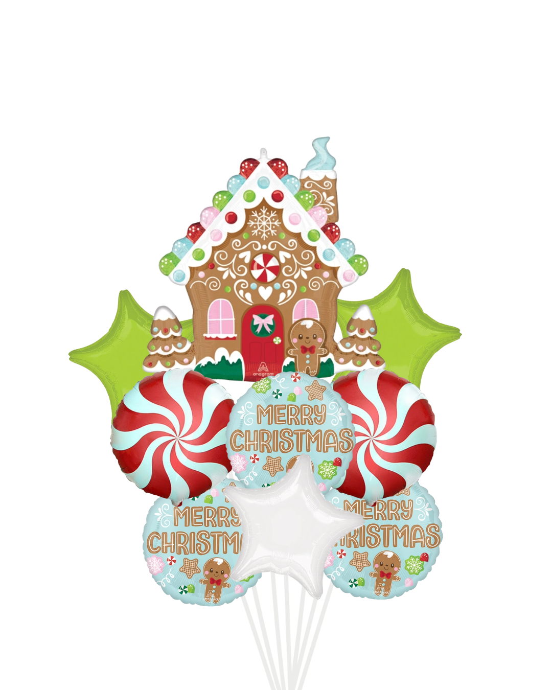 Gingerbread house with peppermint balloon arrangement. large