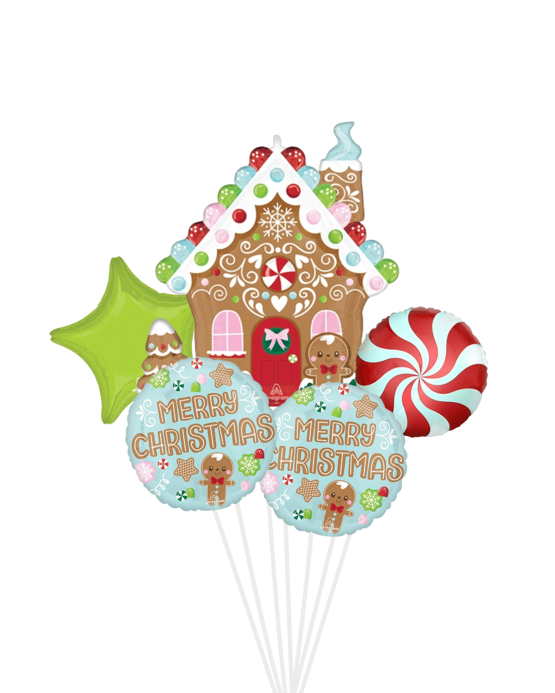 Gingerbread house with peppermint balloon arrangement. medium