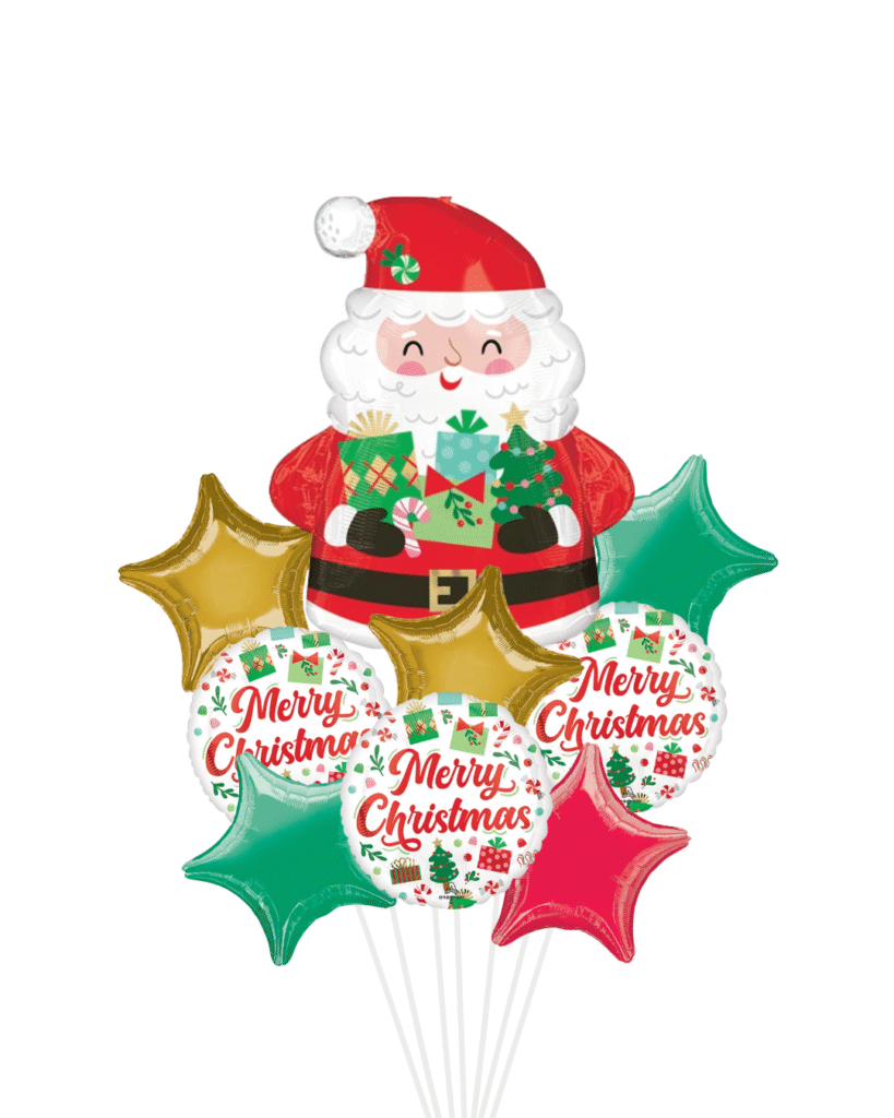 Santa holding presents with merry Christmas balloon bouquet large