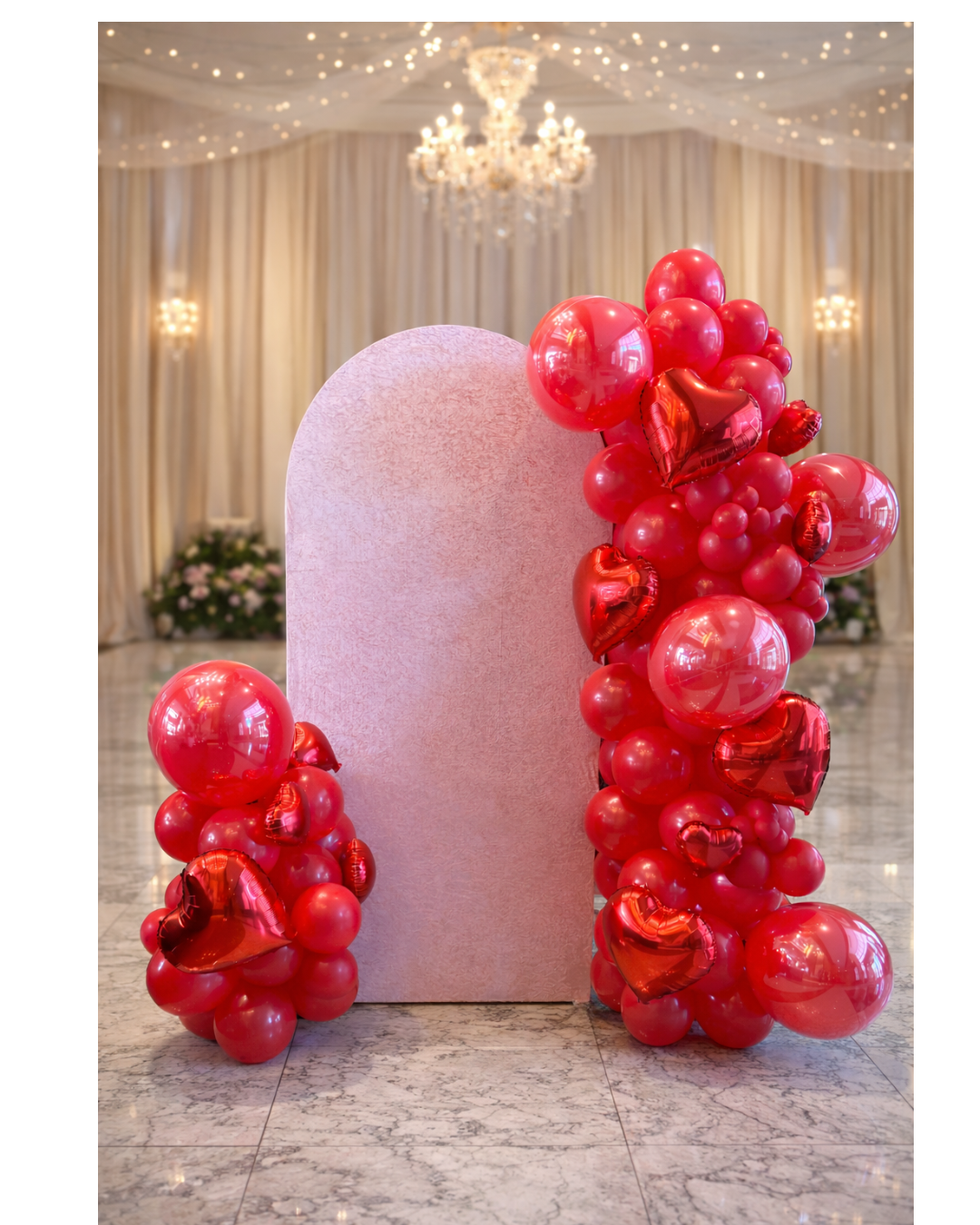 Pink panel and Valentine's Day red balloons.