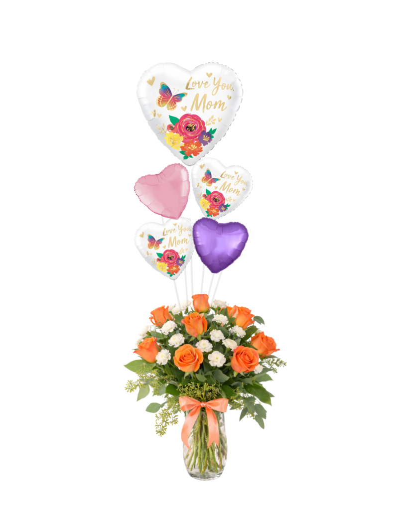 Peach Flowers Roses and Majestic Balloons Mothers Day